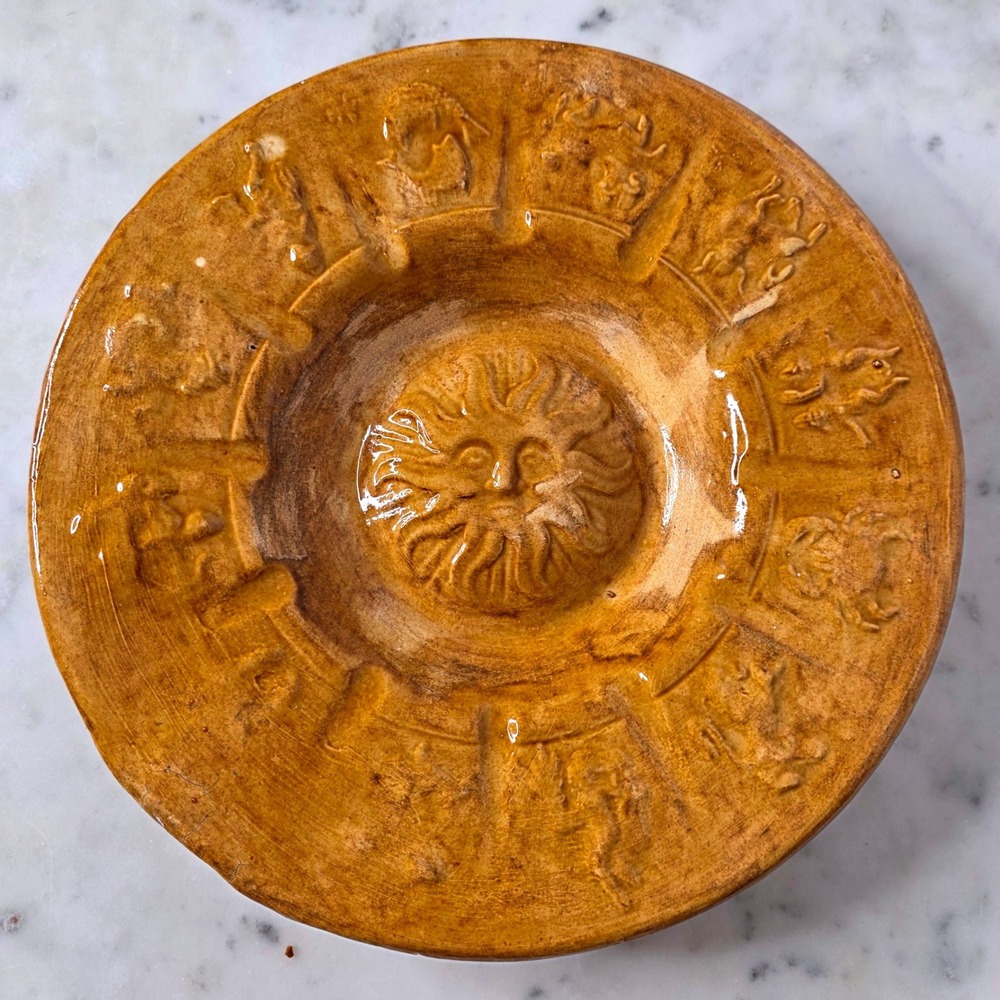 Vtg Zodiac Sun Face Ceramic Celestial Plate Dish Golden Brown Ashtray 10" READ